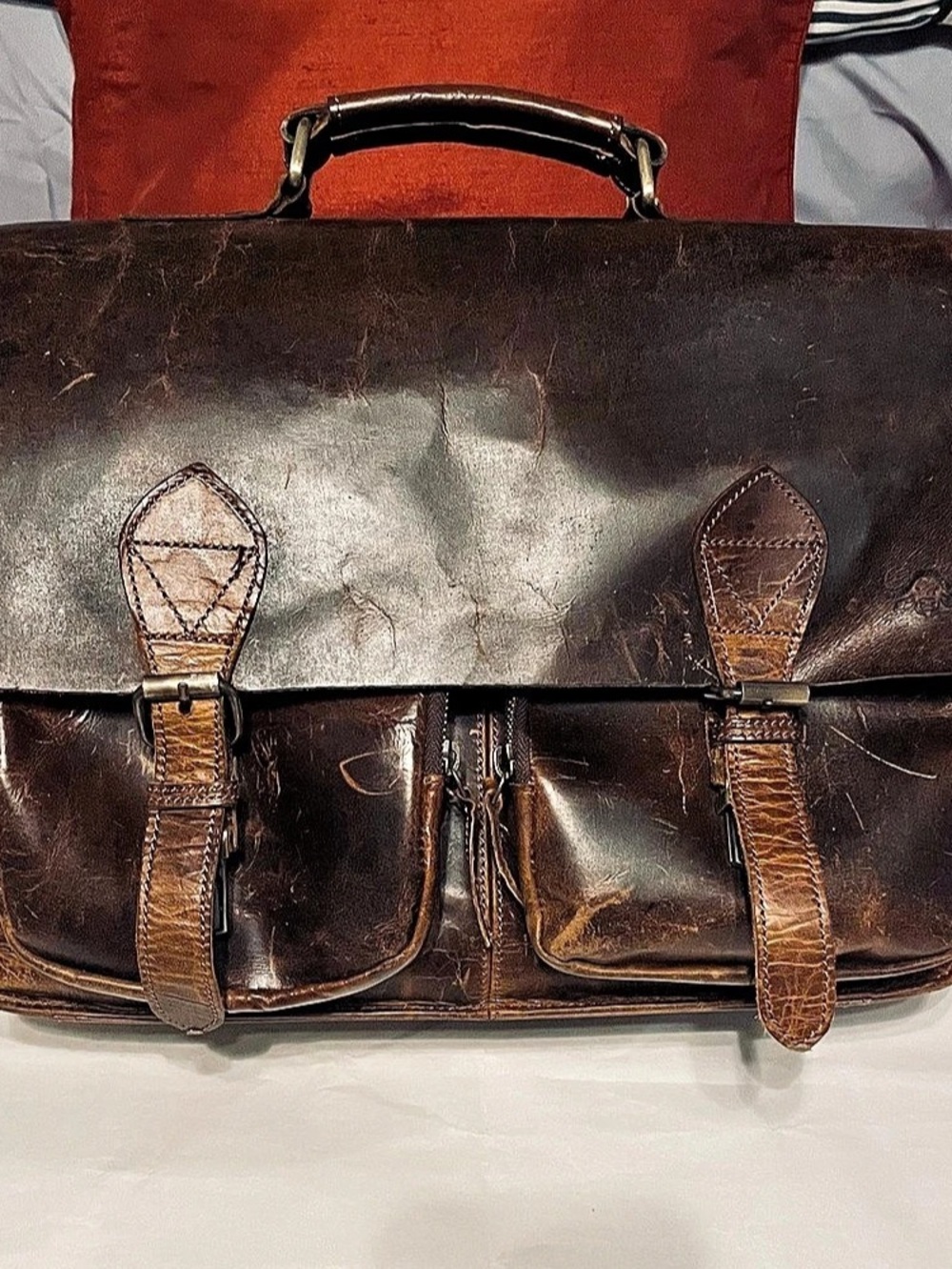 Sam's Buffalo Leather Messenger Business Briefcase Bag Brown Distressed Leather